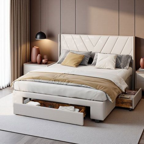 Lit Double 140x200 cm avec Tiroirs de Rangement Design Moderne Capitonnée en Lin Beige Style Gris Clair Lit de Rangement Moderne (1/5)