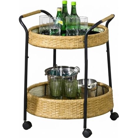 ELVMI Carrello da Cucina a 2 Ripiani con 4 Ruote e 2 Freni per Terrazza in Rattan Giallo, Diametro 50 cm (1/5)