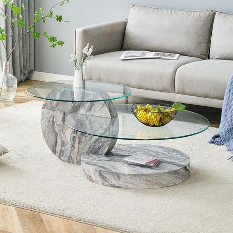 Table basse minimaliste moderne à deux niveaux en verre de sécurité, design à plusieurs niveaux, structure de support en MDF de revêtements à texture marbre gris