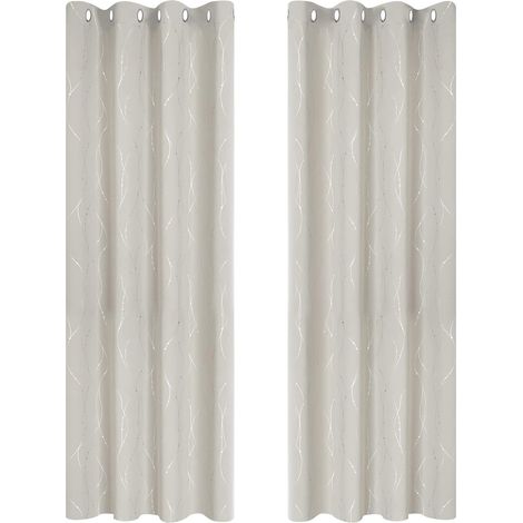 Lot de 2 Rideau Opaque Occultants Isolants Rideau Thermique Anti Froid 140x245cm à Oeillets Imprimé Lignes et Points Argentés Beige Clair (1/5)