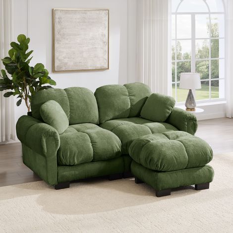 Sofá chaise longue modular en chenilla verde de 2 plazas, 190 x 149 x 90 cm, con otomana móvil (1/5)