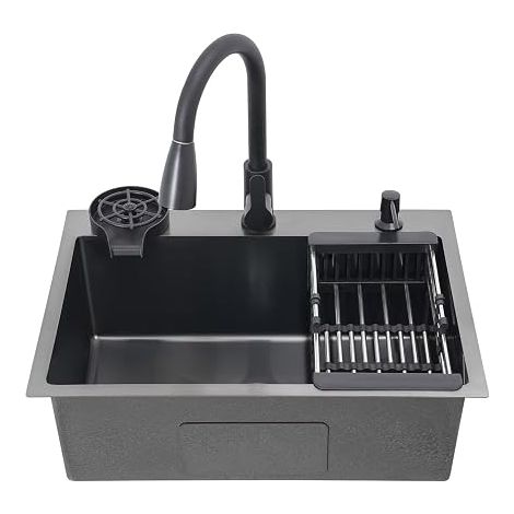 Évier de cuisine, noir, 60 x 45 x 20 cm, en acier inoxydable, 1 bac, avec panier d'écoulement, distributeur de savon, trou de robinetterie extensible (1/5)
