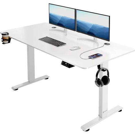 Bureau assis debout électrique en L 160 cm, hauteur réglable 73 à 118 cm, plateau blanc (1/5)