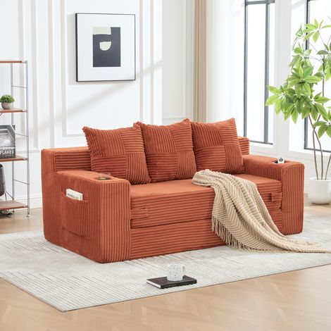 Canapé convertible 3 places,canapé lit droit avec porte-gobelets et 2 poches latérales,canapé à compression sans structure,172x87x64cm,velours côtelé,Orange (1/4)