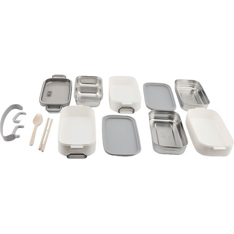 Boîte Déjeuner 304 Inox Étanche Empilable Container avec Baguettes Cuillère – École Bureau Camping 3 Couches, Blanc (1/4)