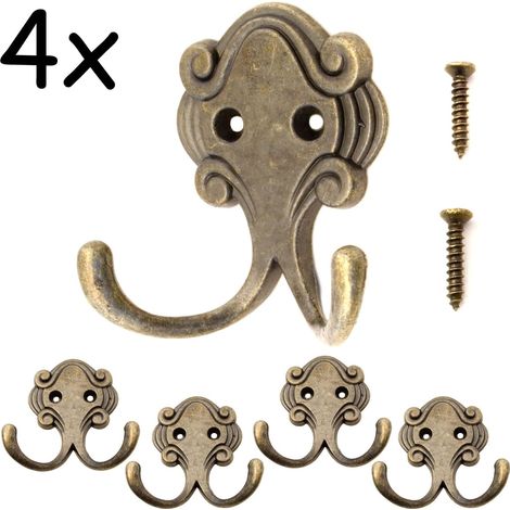 Crochets doubles anciens, patères, crochets porte-serviettes, crochets en fer au design bronze et laiton, style rétro ferme vintage, lot de 4