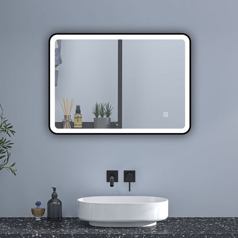 SKY Bathroom 70x50cm Bathroom Mirror with Optional 3 Colour Light Black Matel Frame Anti-fog，Touch Switch