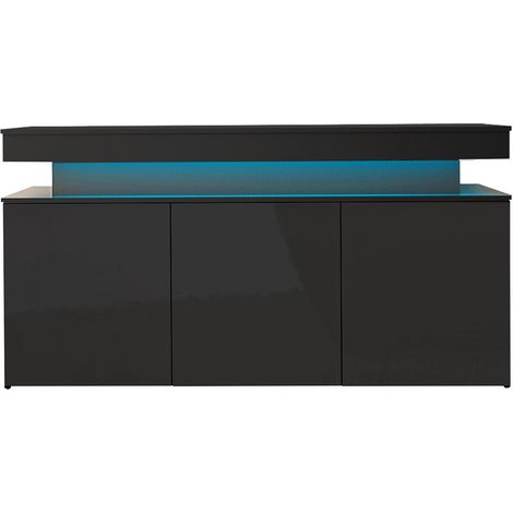 Aparador Monfero, Negro + Negro brillante, 83x160cm, Número de puertas: 039cm, Aglomerado laminado, MDF, LED (1/5)