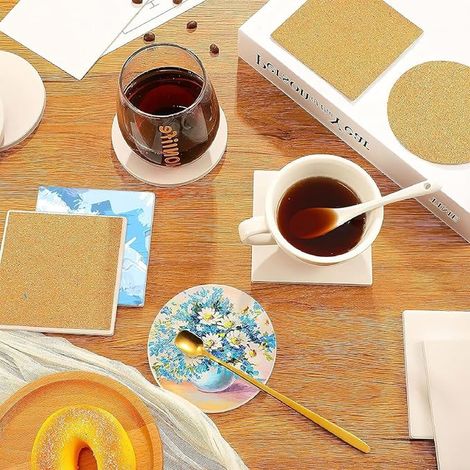 Dessous de Verre Céramique Carrés 10x10cm, Carreaux Blancs Non Émaillés avec Support Liège, sous-Verres pour Peinture Acrylique, Mosaïque (1/2)