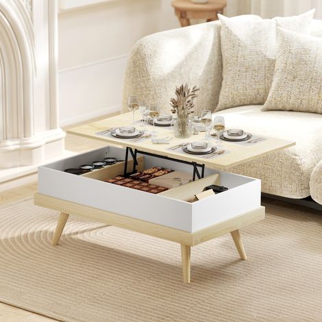Mesa de Centro Elevable con 3 Compartimientos de Almacenaje Ocultos y Patas de Madera 100x79x54 cm Natural y Blanco (1/5)