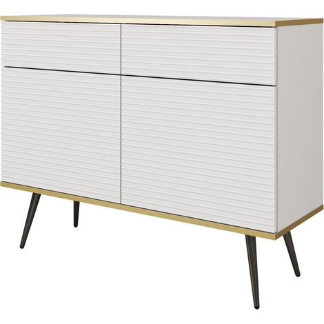 Credenza 107 cm, 2 cassetti, 2 ante, 4 ripiani, frontali scanalati, Bianco, gambe nere, 107 x 39 x 85 cm (1/4)