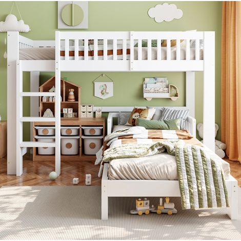 Set letto a castello e letto singolo 90x200 cm bianco in legno massello modulare con sponde di sicurezza (1/5)