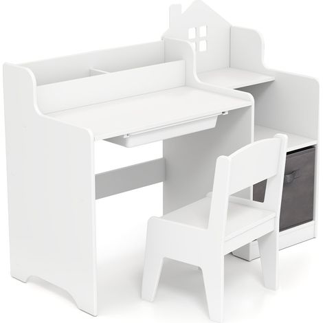 Kids Desk and Chair Set with Shelves and Drawer, White (1/5)