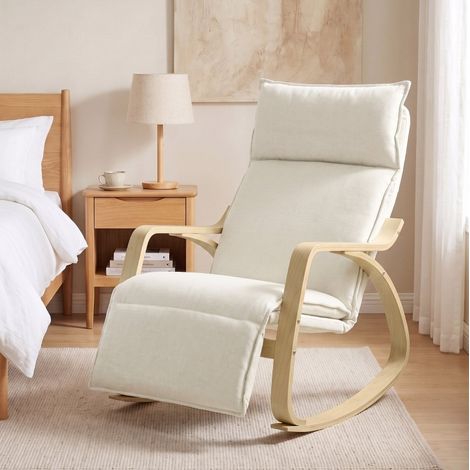 Sedia a dondolo 67x106x92 cm con poggiapiedi a 5 posizioni, effetto lino, per salone - bianco (1/5)