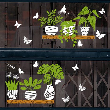 Autocollants de fenêtre - Lot de 1 déco verte à motif pot, adhésifs statiques anti-collision pour oiseaux, protection vitres (1/5)