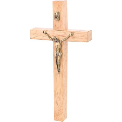 Bois Mur Croix Mur Monté Art Crucifix Artisanat Suspendu en Alliage de Zinc Croix Chrétien Cadeau Décoration Murale de La Maison (Couleur Du Bois) (1/5)