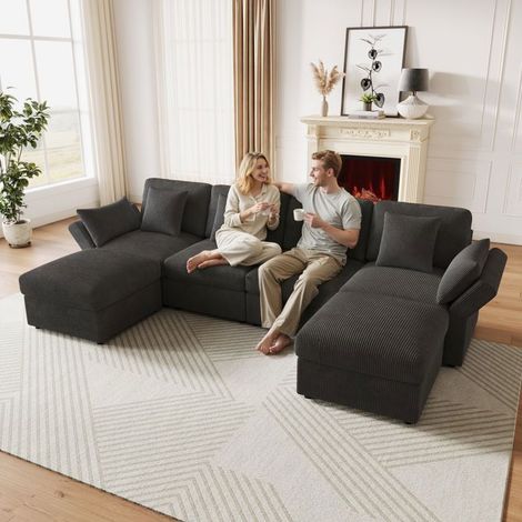 Canapé d'Angle forme en U Canapé Modulable accoudoirs réglables pouf amovible tissu côtelé gris (1/5)
