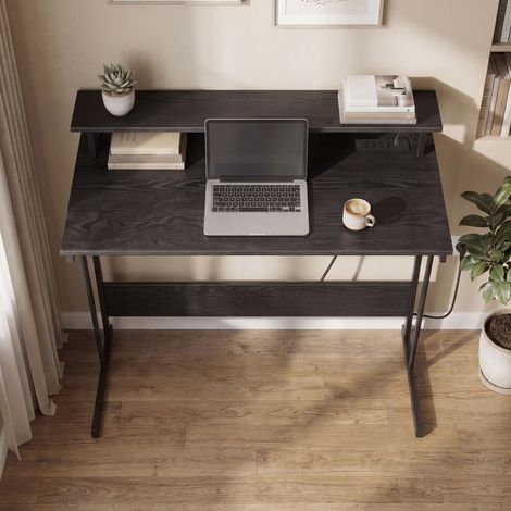 Bureau Gaming avec LED et Multiprise, Support pour Moniteur, pour 2 Ordinateurs, 100 x 55 x 90 cm, Noir