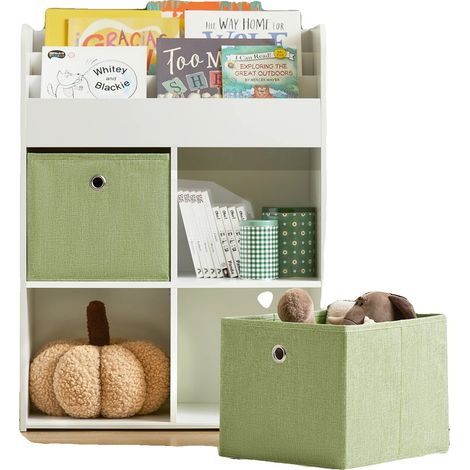 Estantería, almacenamiento organizado para juguetes y libros, construcción duradera de MDF, verde claro. (1/2)