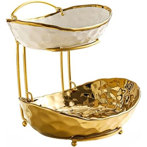 Bol à fruits à 3 niveaux pour comptoir de cuisine, bol de service en céramique avec support en métal, corbeille à fruits à étages pour fruits, collations, noix, gâteau, dessert, fête, mariage (1/5)
