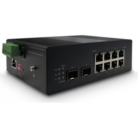 Commutateur PoE industriel à rail DIN géré à portée étendue, 8 ports PoE Gigabit + 2 ports de liaison montante fibre + 1 port de console, max. 240 W