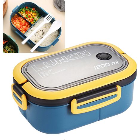 Boîte à lunch Bento 1200 ml à double paroi isolante avec fourchette et cuillère, bleue, idéale pour les étudiants et les employés de bureau.