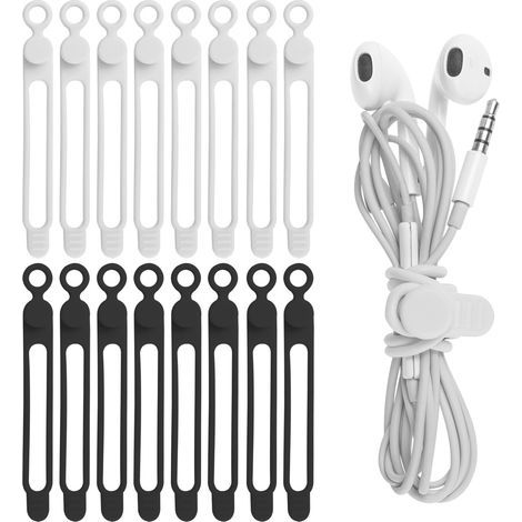 Set mit 16 Silikon-Kabelbindern für Kopfhörer, Handy-Ladegerät, Maus, Audiogeräte, Computer, wiederverwendbare Kabelbinder für Zuhause und Büro (Weiß+Schwarz) (1/5)