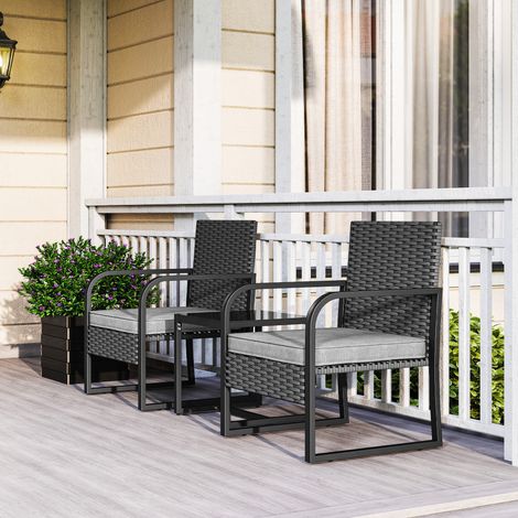 Gartenlounge-Set aus Rattan mit 2 Gartensesseln und Couchtisch mit Glasplatte, Schwarz