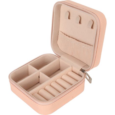 Coffret à bijoux rose en cuir PU durable, élégant, fermeture éclair lisse, grande capacité pour bagues, boucles d'oreilles et colliers (1/5)