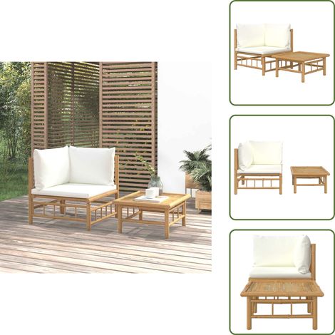Mesa de jardín - vidaXL Set de muebles de jardín 2 piezas bambú y cojines blanco crema - Cojines de jardín