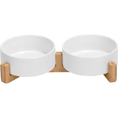 Gamelle double en céramique pour chat et chien – Support en bambou antidérapant – 400ml – Design moderne et hygiénique (1/4)
