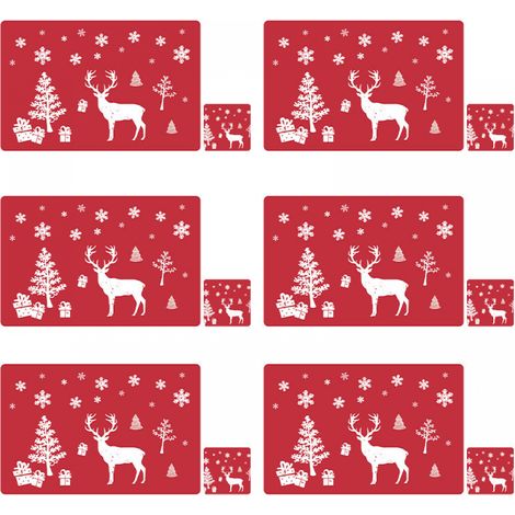 6er-Set weihnachtliche Tischsets und Untersetzer mit Schneeflocken, Weihnachtsdekoration, rot (1/5)