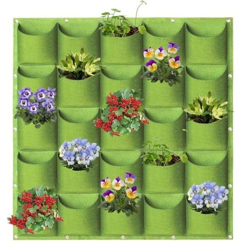 Vertical wall-mounted planting bags, 25 pockets, 1m x 1m, green, for gardening and storage.