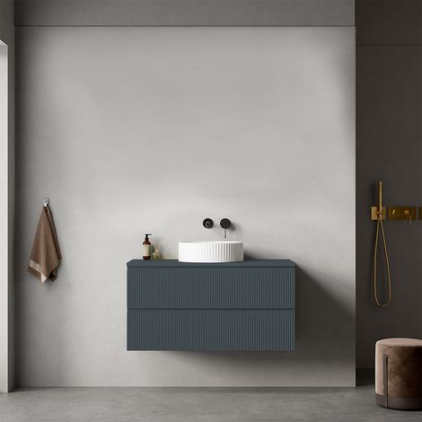 Mobile bagno sospeso cannettato 100 cm Blu Mare per Lavabo d'appoggio Senza Specchio - Fiji Paint Top Canneté