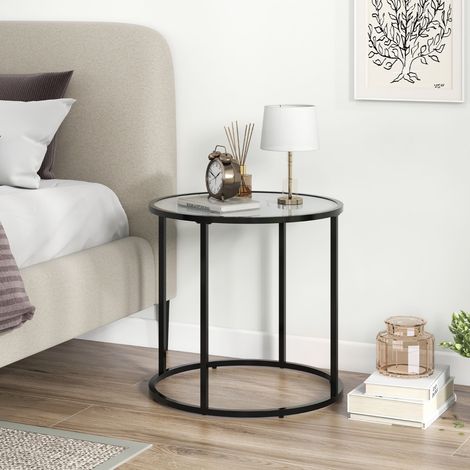 Table d’Appoint Ronde en Verre de 50 cm avec Cadre en Métal et Plateau en Verre Imitation Marbre Table d’Appoint Moderne Noir Et Blanc (1/3)