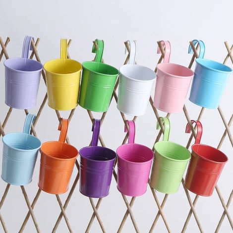 10 vasi da fiori in metallo a forma di secchiello - Vasi da fiori rustici da balcone con manici, accessori decorativi da giardino, adatti per uso interno ed esterno. (1/5)