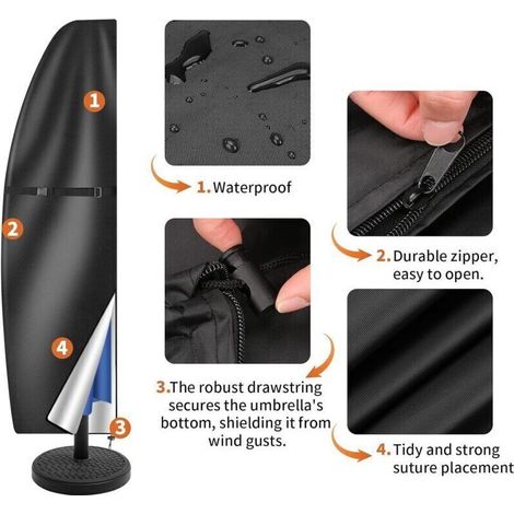 Housse de parasol déporté 210D imperméable pour extérieur, style banane, noire, compatible avec les parasols déportés de 280 cm (1/3)