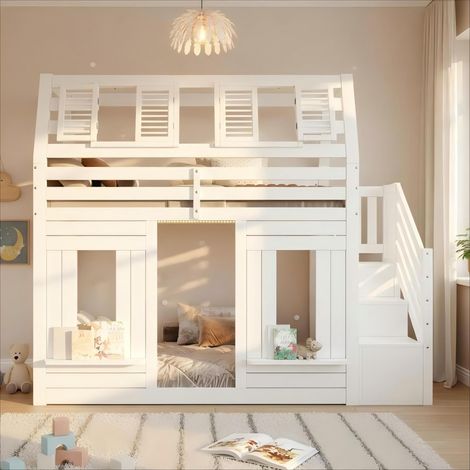 Lit superposé 90x200 cm en bois, lit cabane enfant avec LED et escalier de rangement, pin blanc