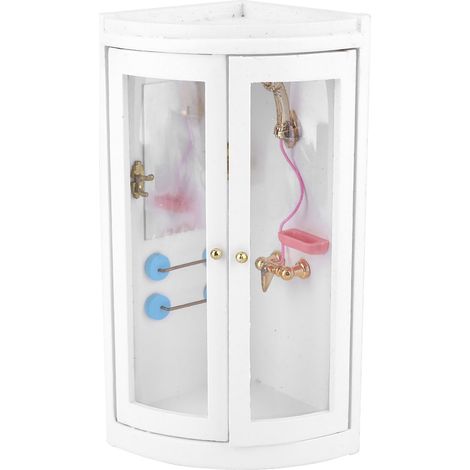 Salle de bain miniature en bois pour poupées, modèle 1:12 avec douche et accessoires de chambre de bain. (1/5)