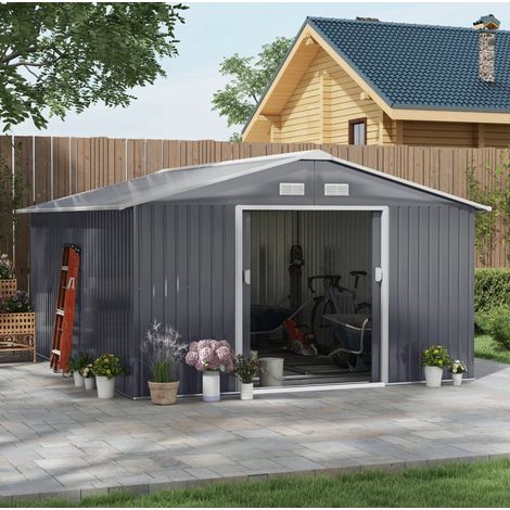 Cobertizo de jardín (340x386x200 cm), con puertas correderas, ventilación y base de acero galvanizado, acero gris (1/5)