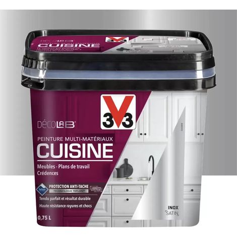 V33 – Peinture multi-matériaux satin antitache pour cuisine – Adhère sur tous matériaux – 0,75 L – Finition inox durable