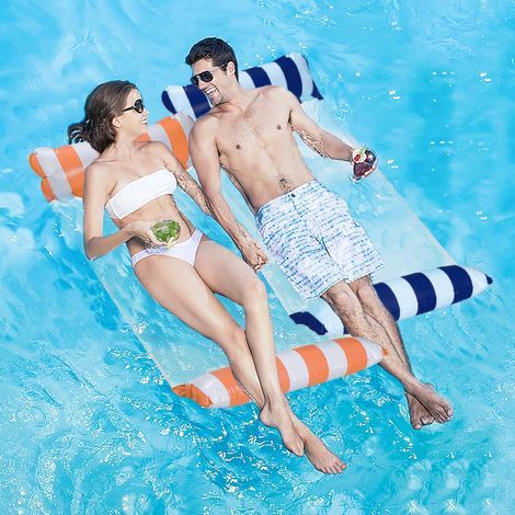 2-teilige aufblasbare Poolhängematte, Mehrzweck-Schwimmhängematte, 4-in-1 aufblasbare Poolliege, faltbare Schwimmhängematte (orange + blau) (1/5)
