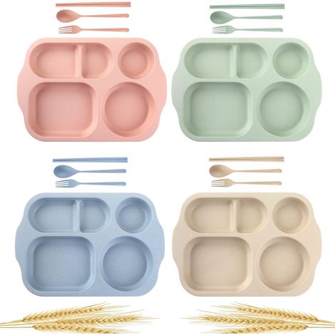 Ensemble de couverts pour enfants (4 pièces) : assiette compartimentée épaisse, baguettes, fourchette et cuillère. (1/5)