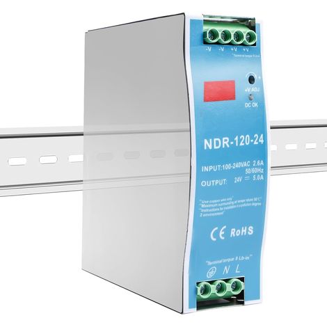 Alimentation sur rail DIN NDR-120-24, 24 V, transformateur 230 V vers 24 V, 5 A, 120 W, tension constante, bornes à vis, montage direct sur rail DIN. (1/5)
