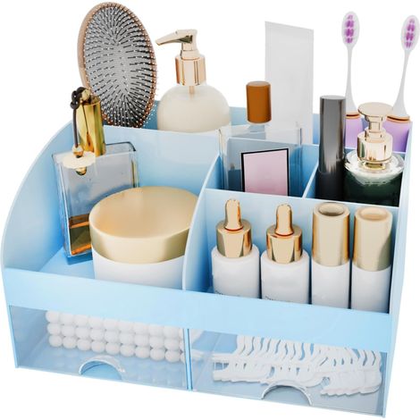 Organisateur de maquillage avec tiroirs – Rangement multi-niveaux pour cosmétiques et soins de la peau, idéal pour coiffeuse, coiffeuse et comptoir de salle de bain. Porte-pinceaux à rouge à lèvres et