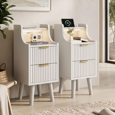 Lot de 2 Tables de Chevet avec Prises USB Type-C et LED Intégrée - able de Nuit Moderne 2 Tiroirs Poignées Dorée - 25x30x60cm, Blanc (1/5)