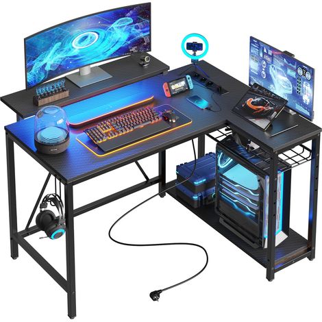 Bureau en Forme de L avec Prises de Courant et Lumières LED Bureau d'angle avec Étagères Bureau d'Ordinateur Réversible pour Bureau à Domicile, Chambre à Coucher (1/5)