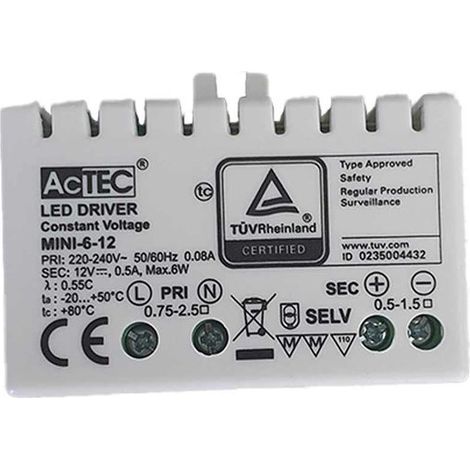 Mini Alimentatore Trasformatore 6W 12V 0,5A IP20 50X32X18,5mm Con Morsetti