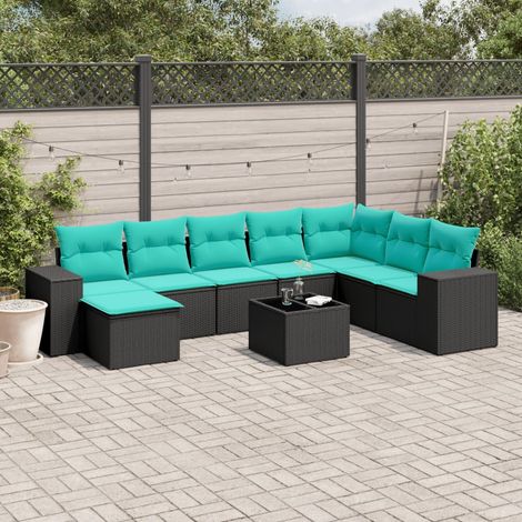 9-teiliges Gartensofa-Set mit Kissen, schwarzes Polyrattan (1/5)