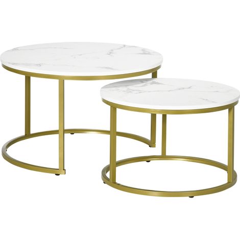 Set 2 Tavolini Impilabili con Piano Rotondo in Acciaio e Truciolato Bianco e Oro (1/5)